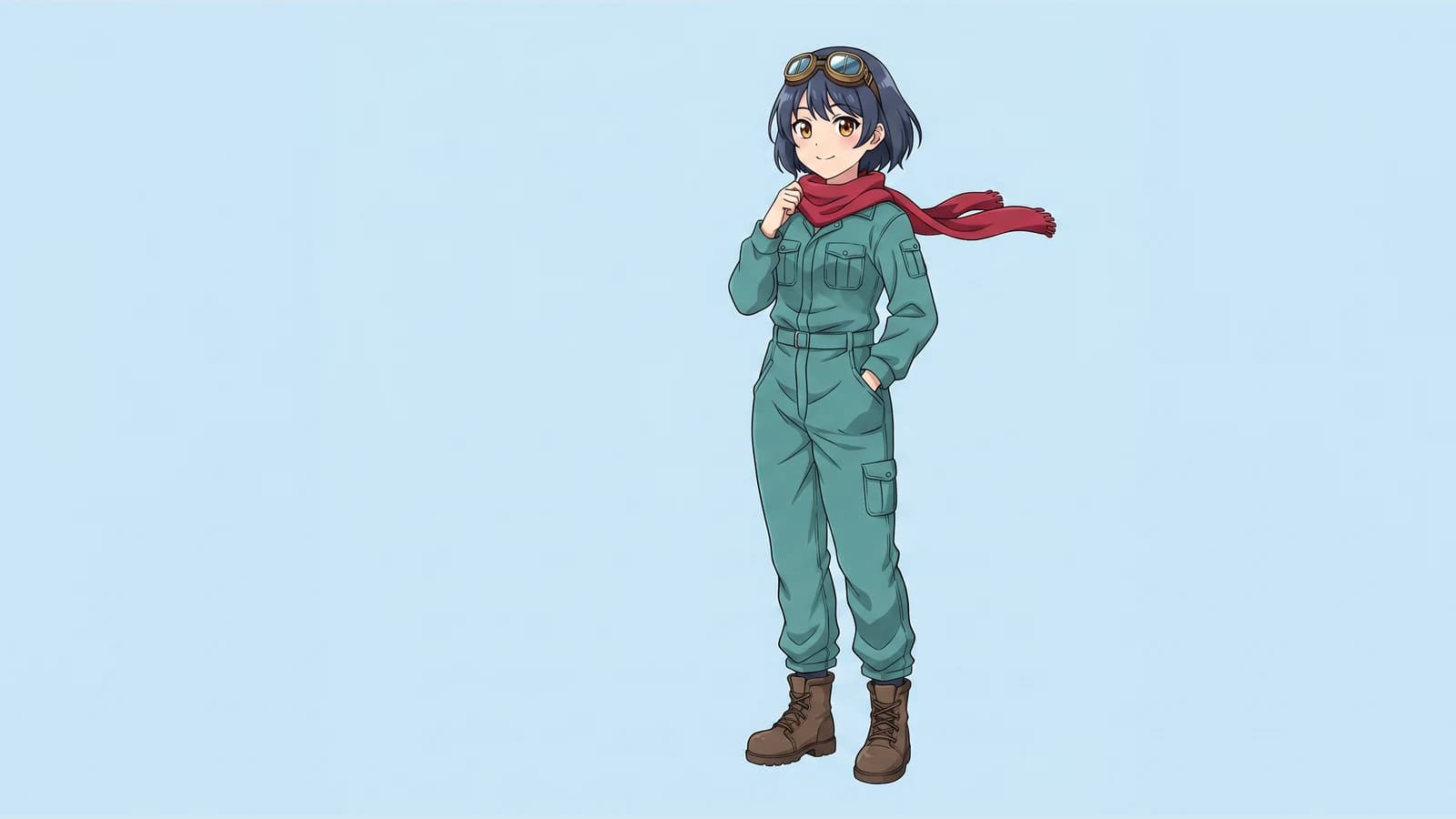 Saved Kiko anime character reference with a crimson scarf, teal jumpsuit, brass goggles and brown boots on pale blue