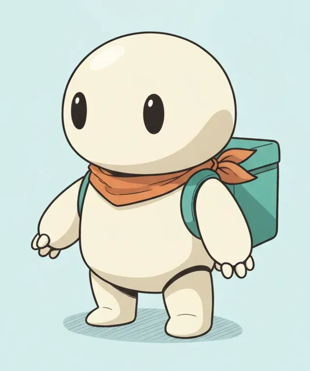 Cream delivery robot with a teal backpack and orange scarf