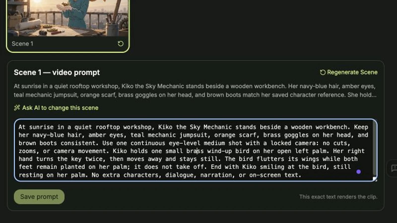 C2Anime Scene 1 video prompt editor with the saved locked-camera instructions and Save prompt control