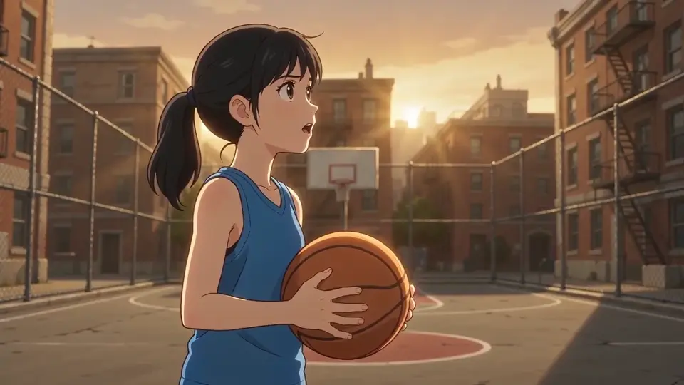 An anime basketball player in a blue jersey at sunset
