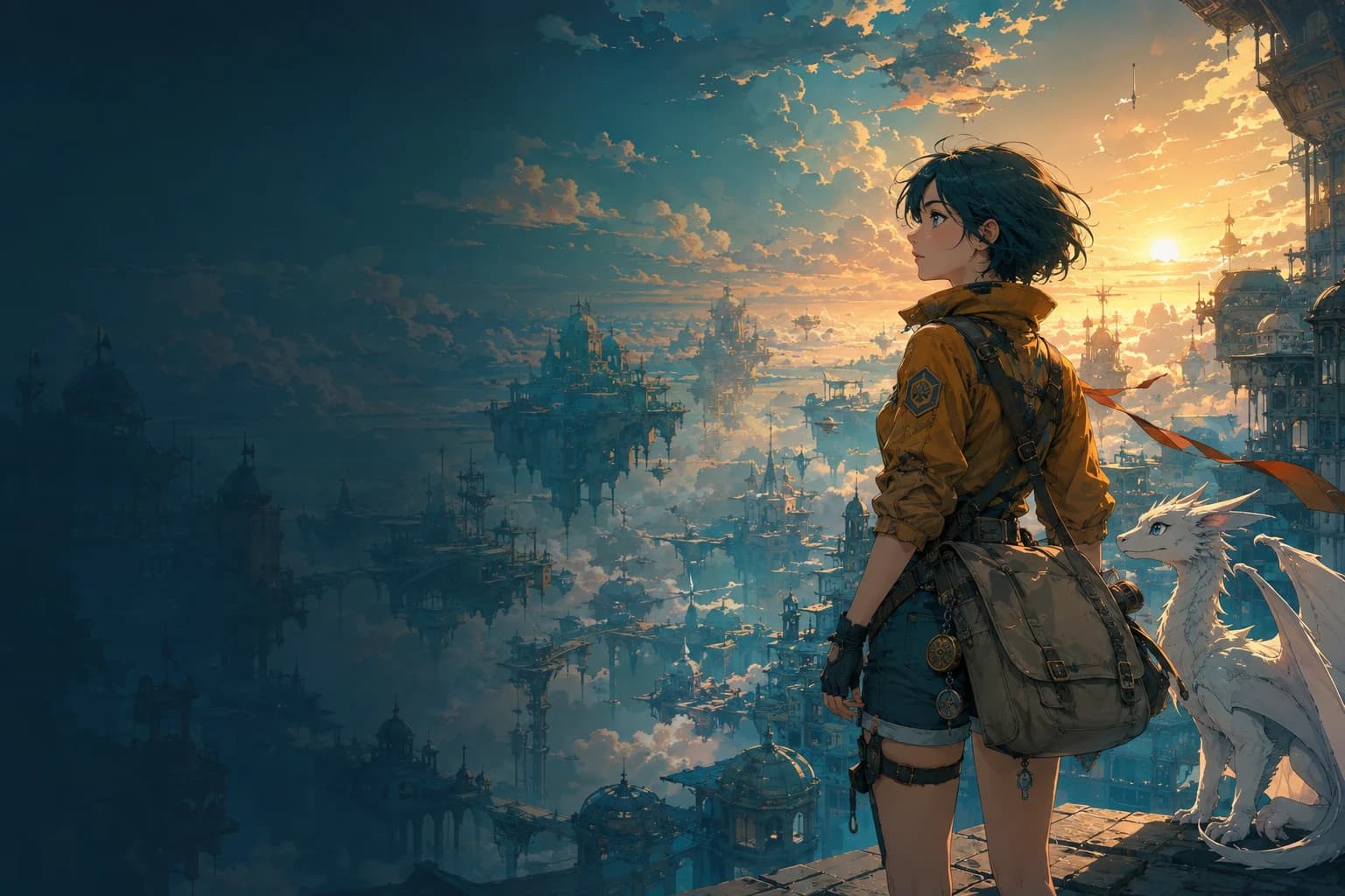 Anime concept art of a courier and a small dragon overlooking a floating city