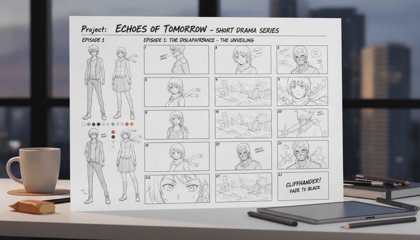 A short-drama series broken into cliffhanger episodes on an anime storyboard sheet