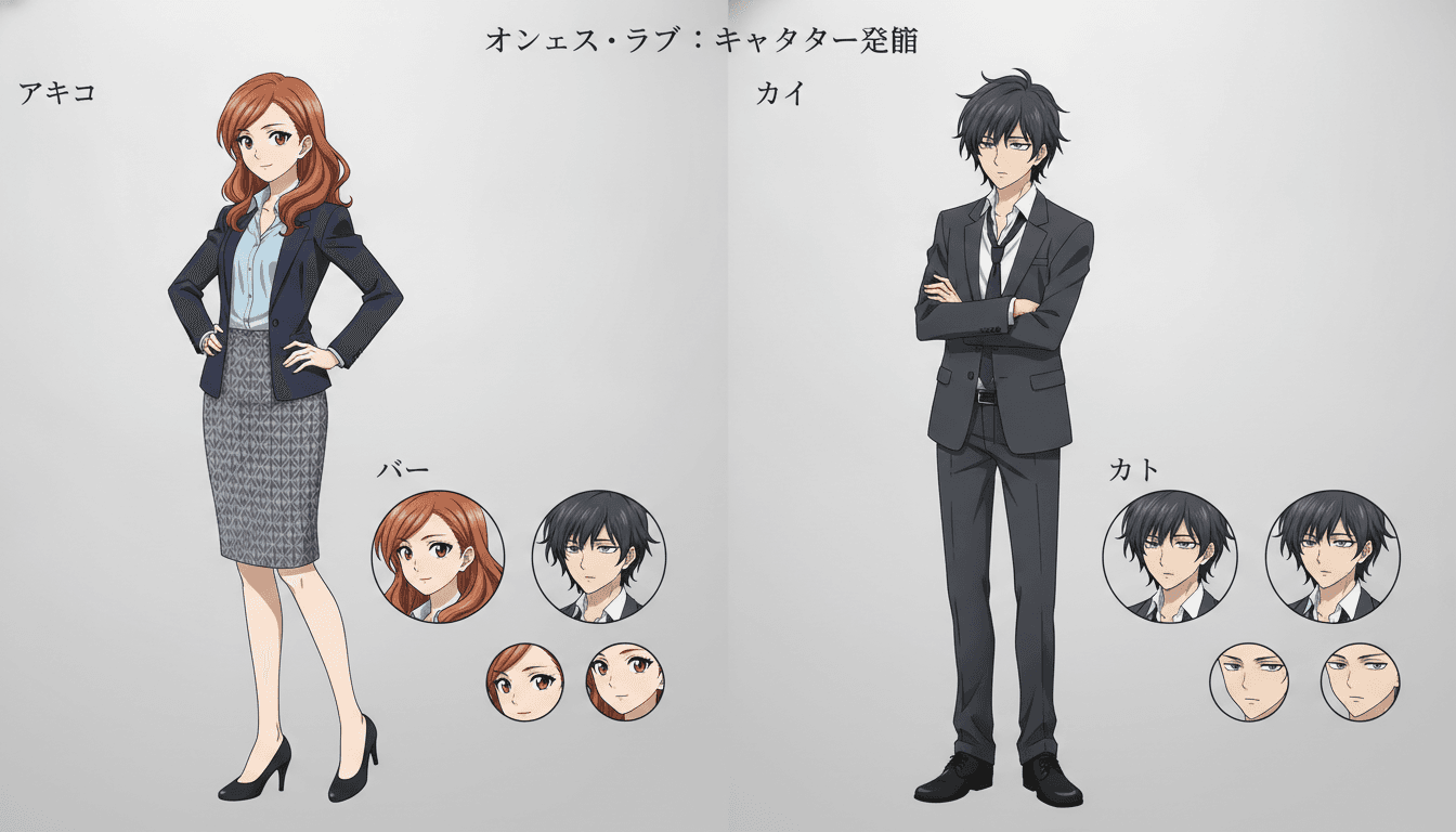 An anime character model sheet showing a female lead in office wear and a brooding male lead in consistent views