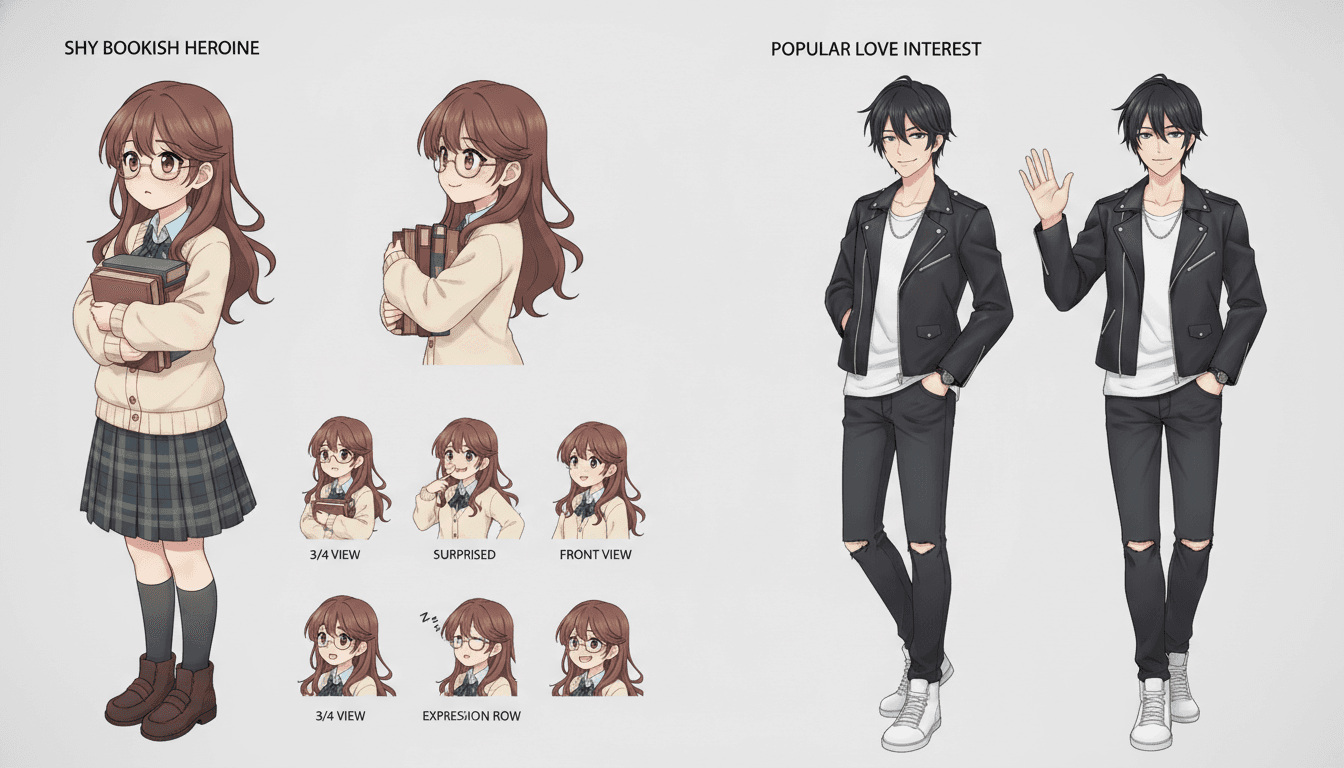 An anime character model sheet of a bookish heroine and a love interest in consistent views