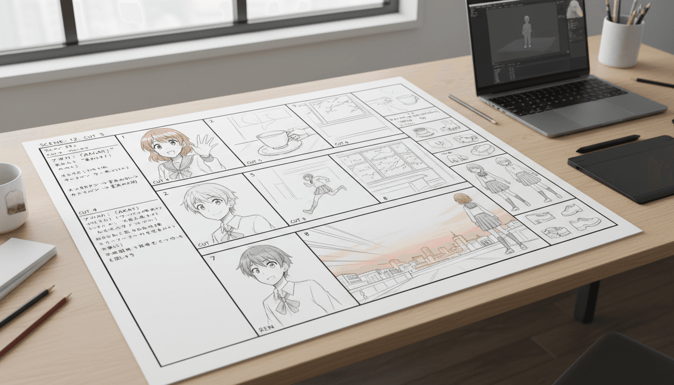 A storyboard sheet showing text on the left turning into numbered shot panels on the right