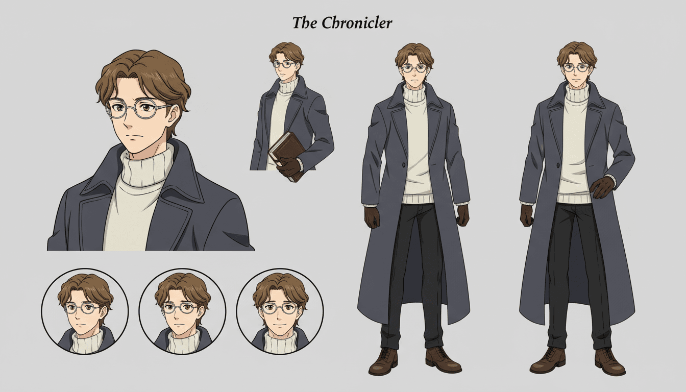 An anime character model sheet of a narrator character with round glasses and a long coat