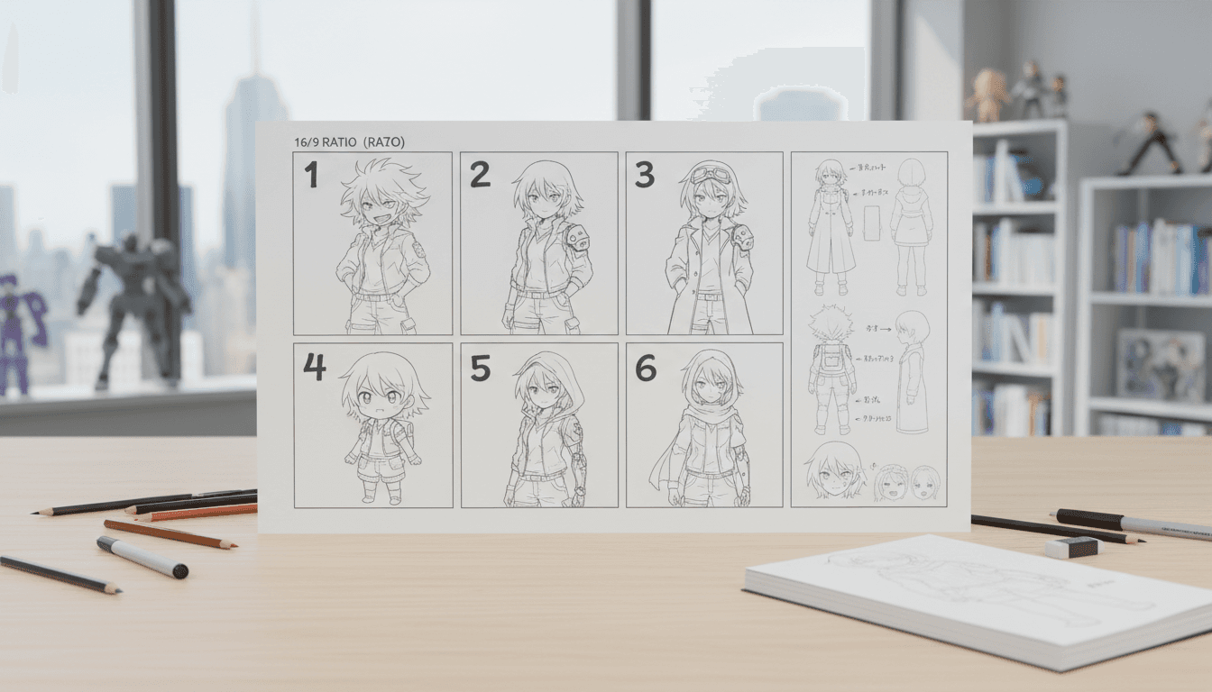 A storyboard sheet showing an anime character design iterated across six numbered variations