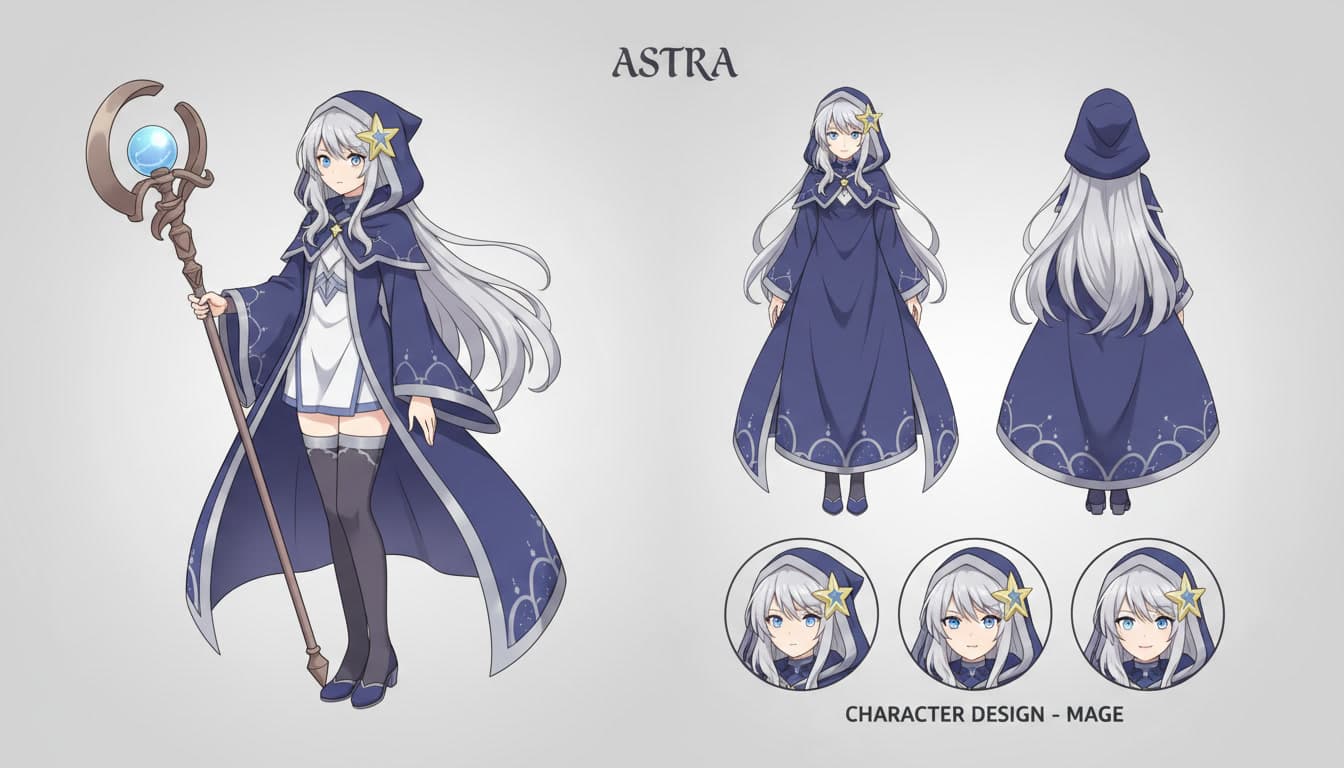 Anime character model sheet of a silver-haired mage with a star-shaped hair clip in front and three-quarter views
