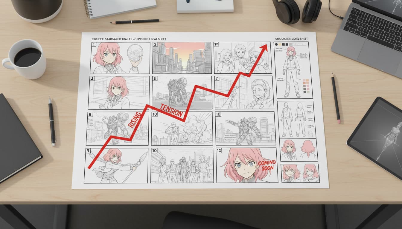 An anime storyboard sheet showing a trailer beat sheet with rising tension marked across numbered panels