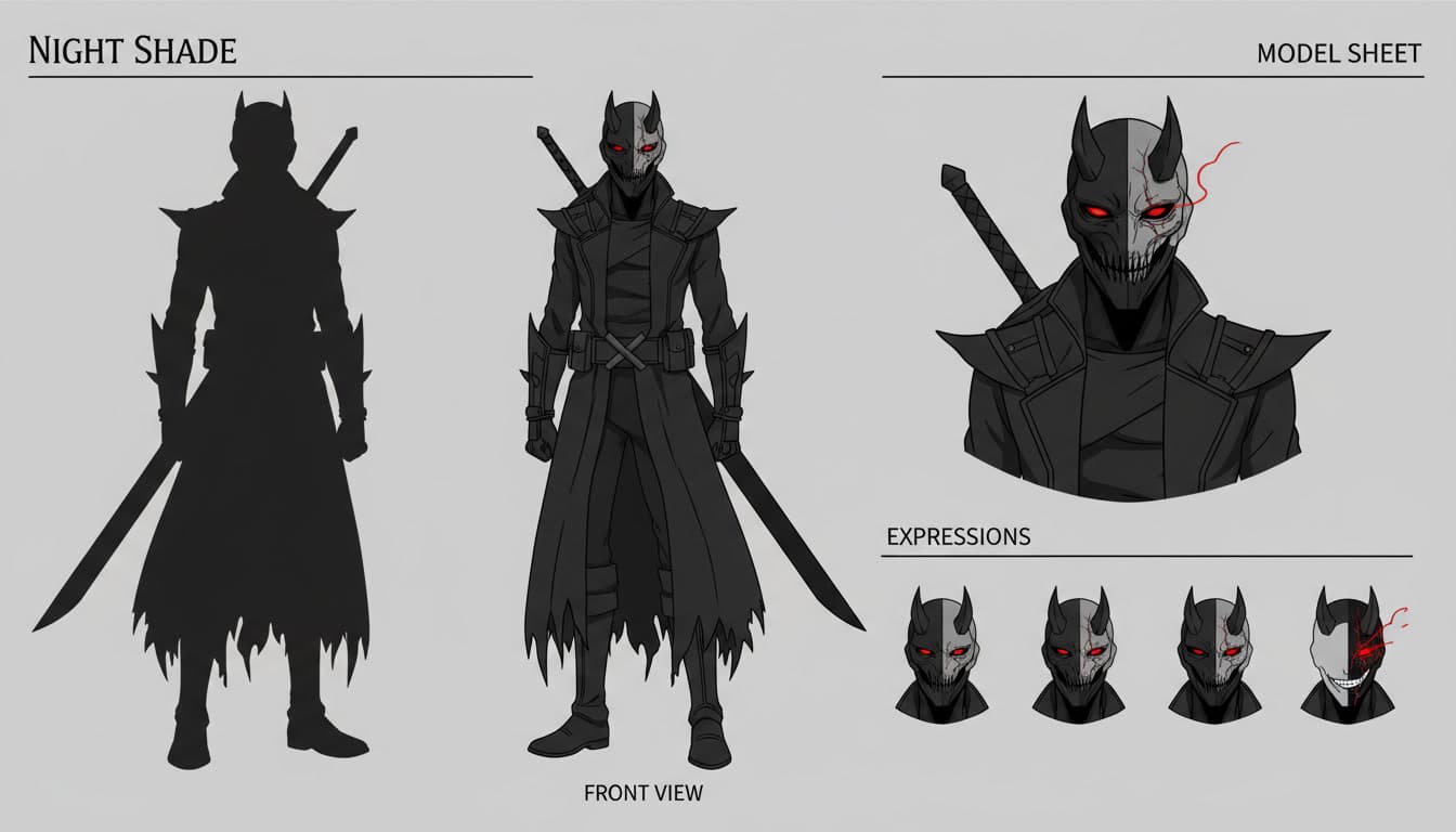 An anime character model sheet for a masked antagonist showing front, three-quarter and expression views