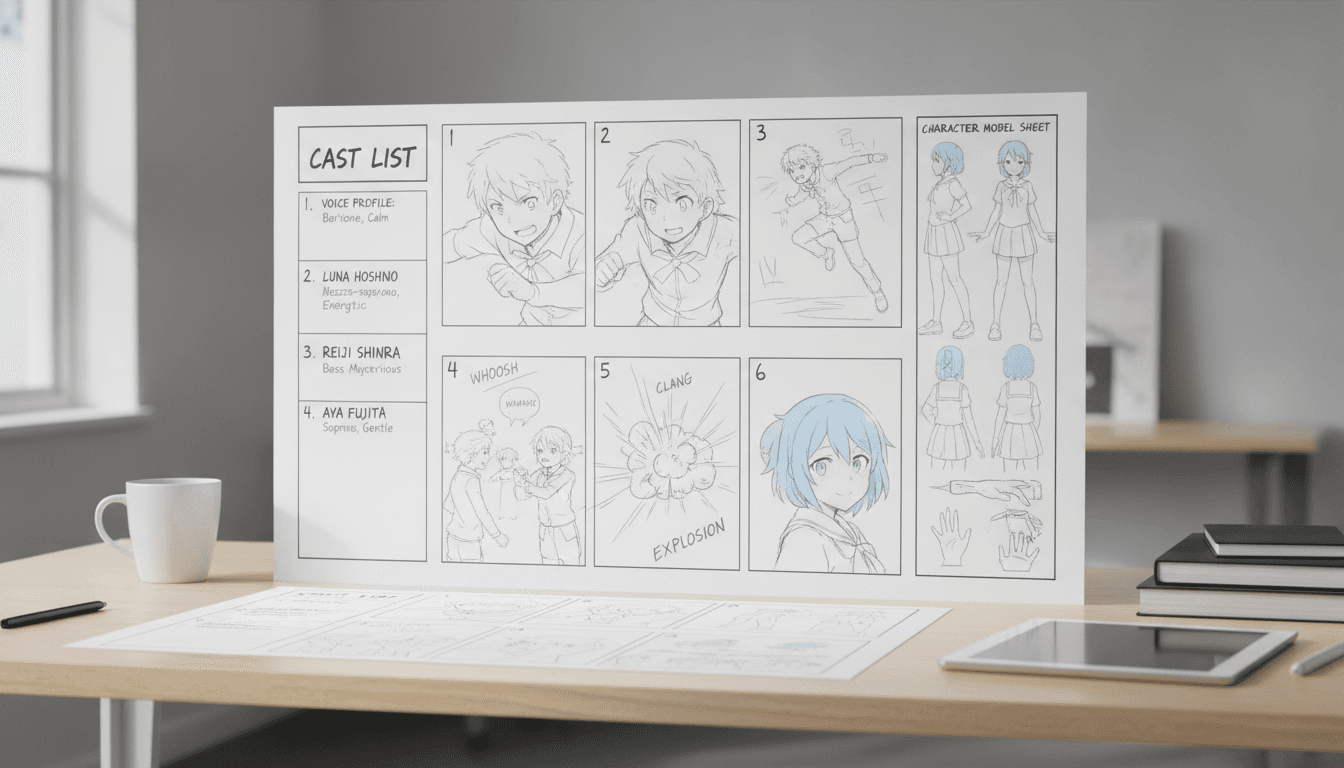 A storyboard sheet listing an anime cast with a voice profile written beside each name