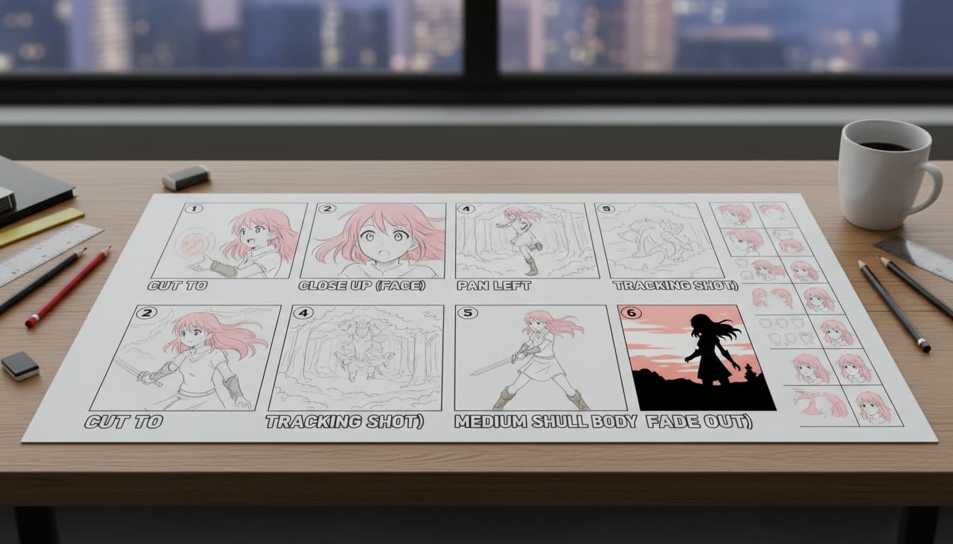 An anime storyboard sheet with numbered panels and camera notes beside a character model sheet