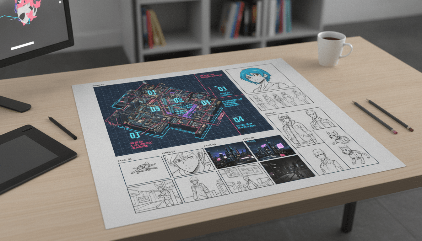 Anime storyboard sheet showing a cyberpunk city map with district markers, numbered panels and a character model sheet in the margin