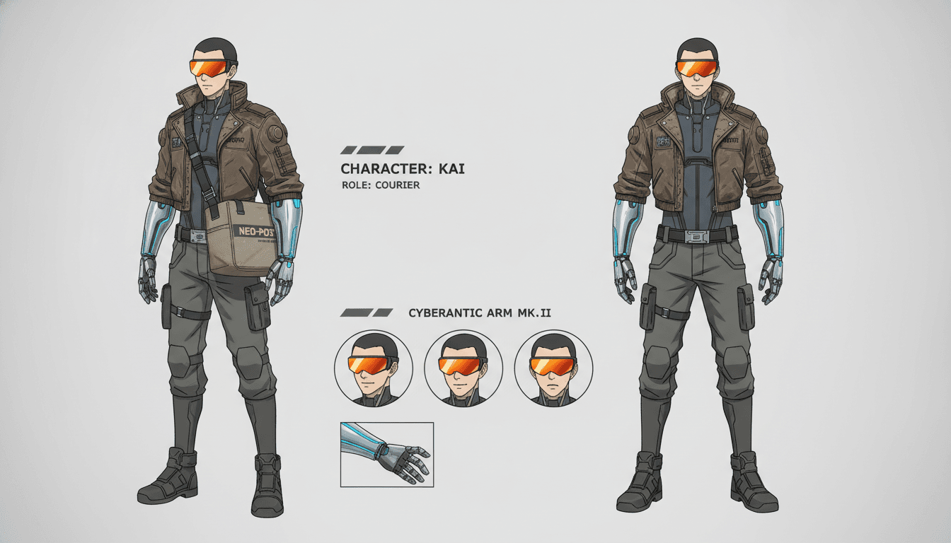 Anime character model sheet of a cyberpunk courier with a chrome arm and visor, shown in front and three-quarter views with an expression row