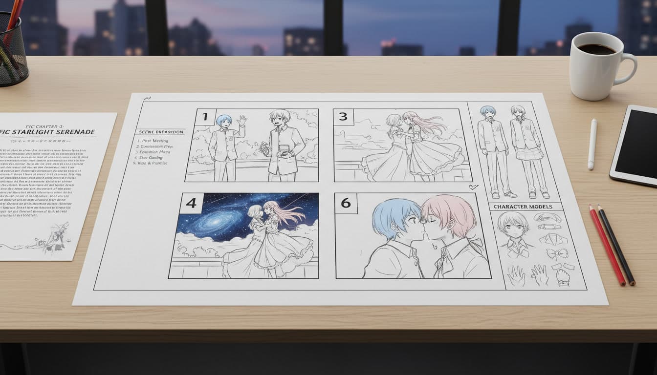 A fanfiction chapter beside its numbered anime scene breakdown on a storyboard sheet