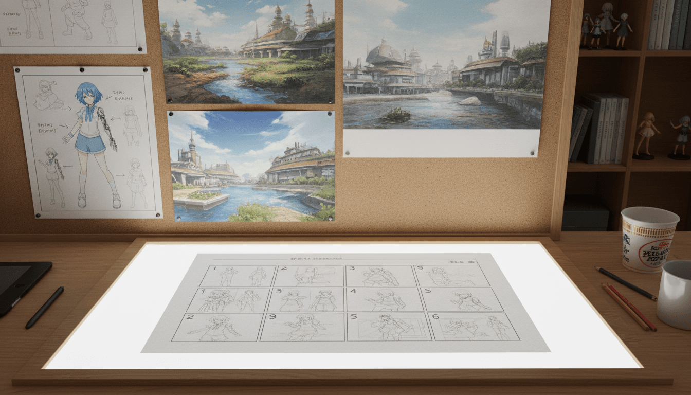 Storyboard sheet with painted background art pinned above a light table beside a character model sheet