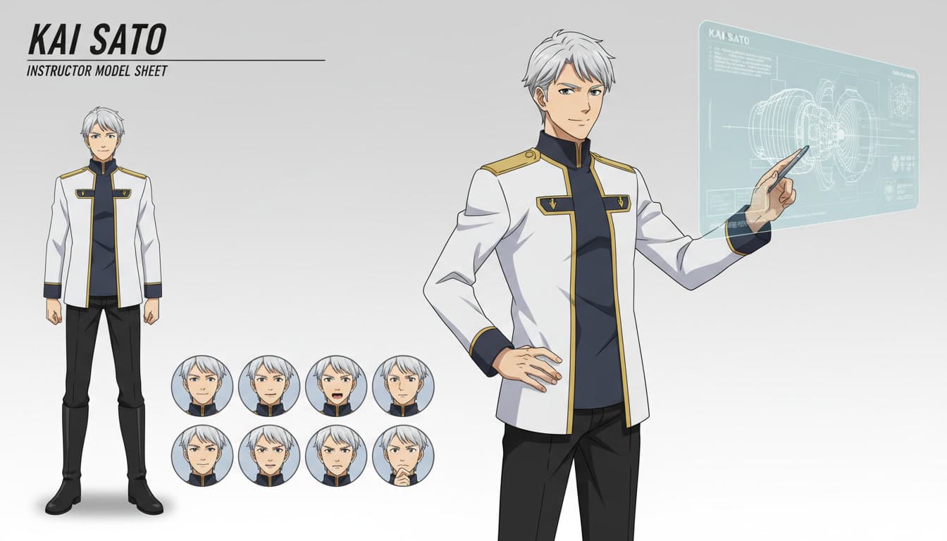An anime character model sheet with front view, three-quarter view and an expression row kept on model