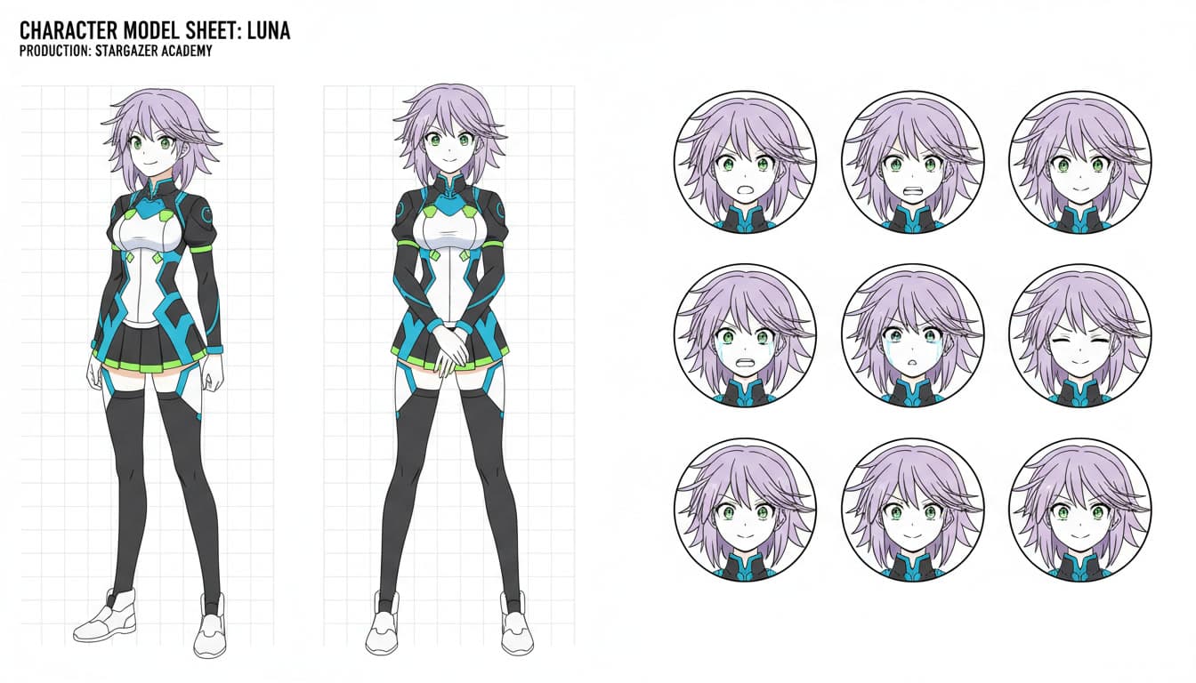 An anime character model sheet showing one design lifted from a single image into consistent front and three-quarter views