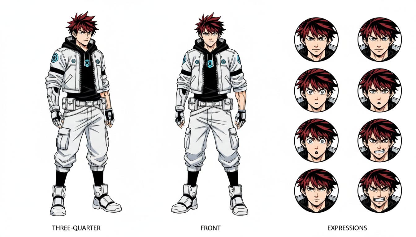 An anime character model sheet of a manga protagonist in front and three-quarter views with an expression row