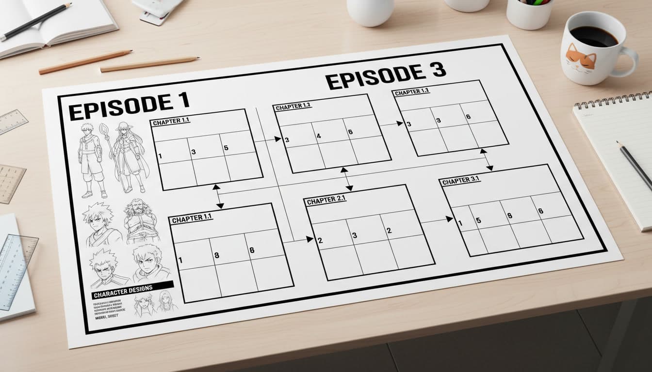 A storyboard planning sheet mapping novel chapters onto numbered anime episodes