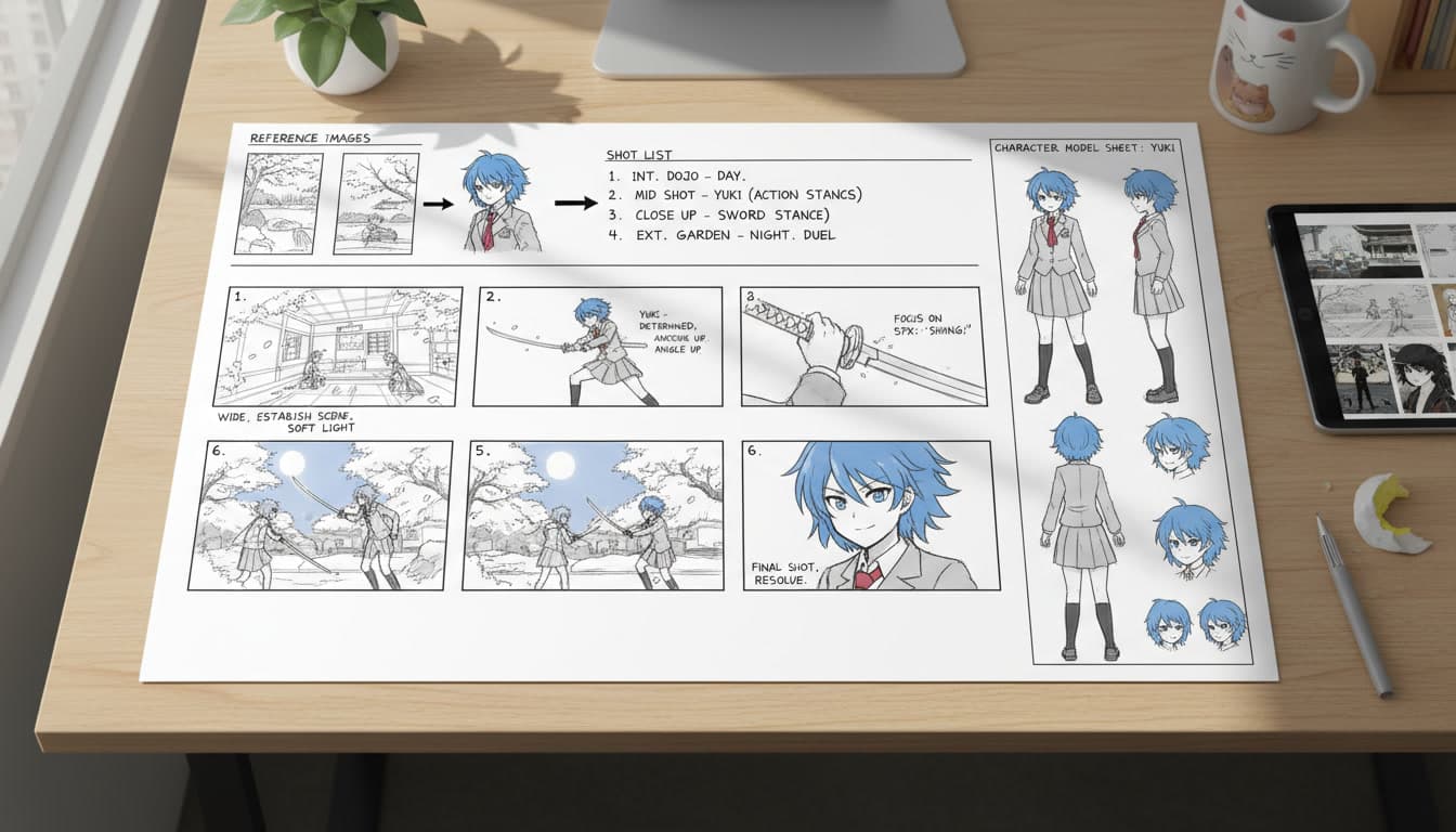 A storyboard sheet showing reference images feeding into a numbered shot list