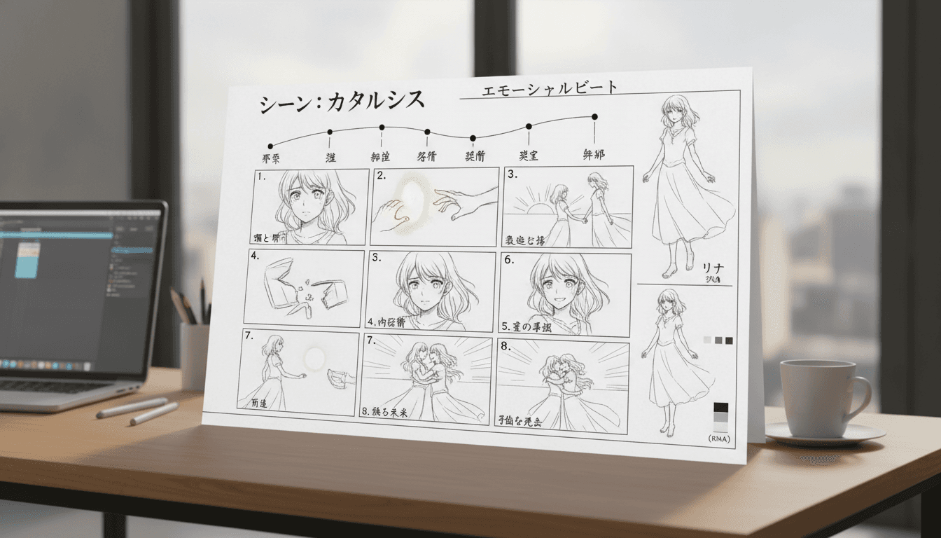 Anime storyboard sheet charting emotional beats across a scene, with numbered panels and a character model sheet in the margin