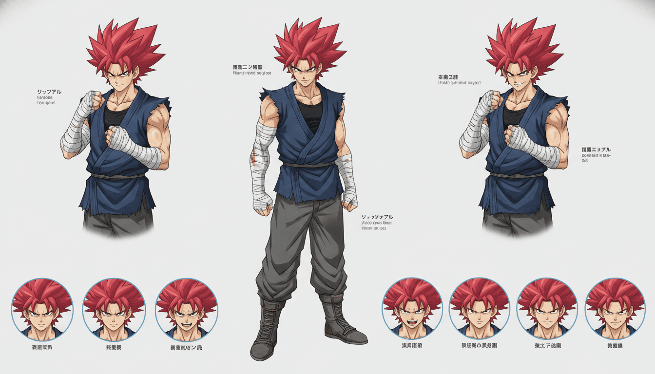 Anime character model sheet of a spiky-haired fighter with bandaged hands, shown in front and three-quarter views with an expression row