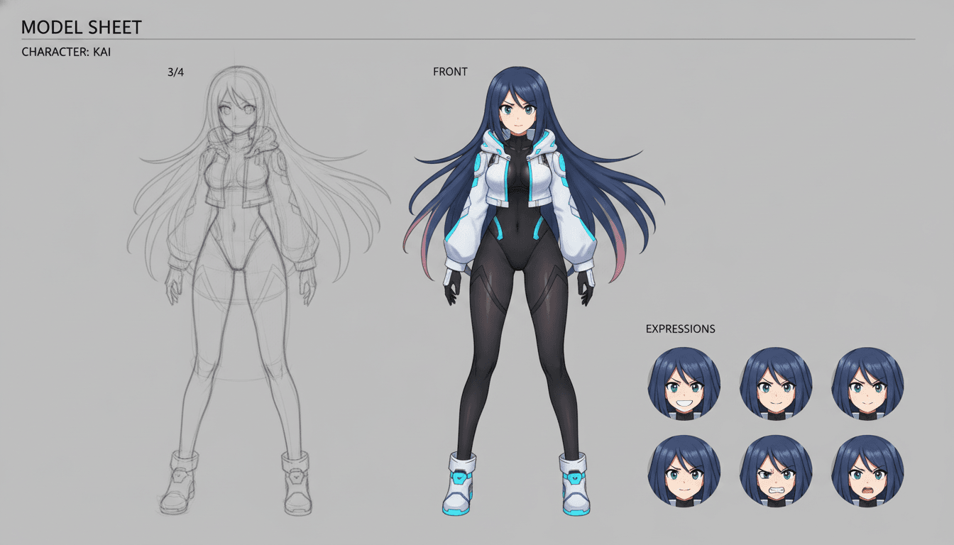 An anime character model sheet showing a rough sketch beside clean front, three-quarter and expression views of the same design