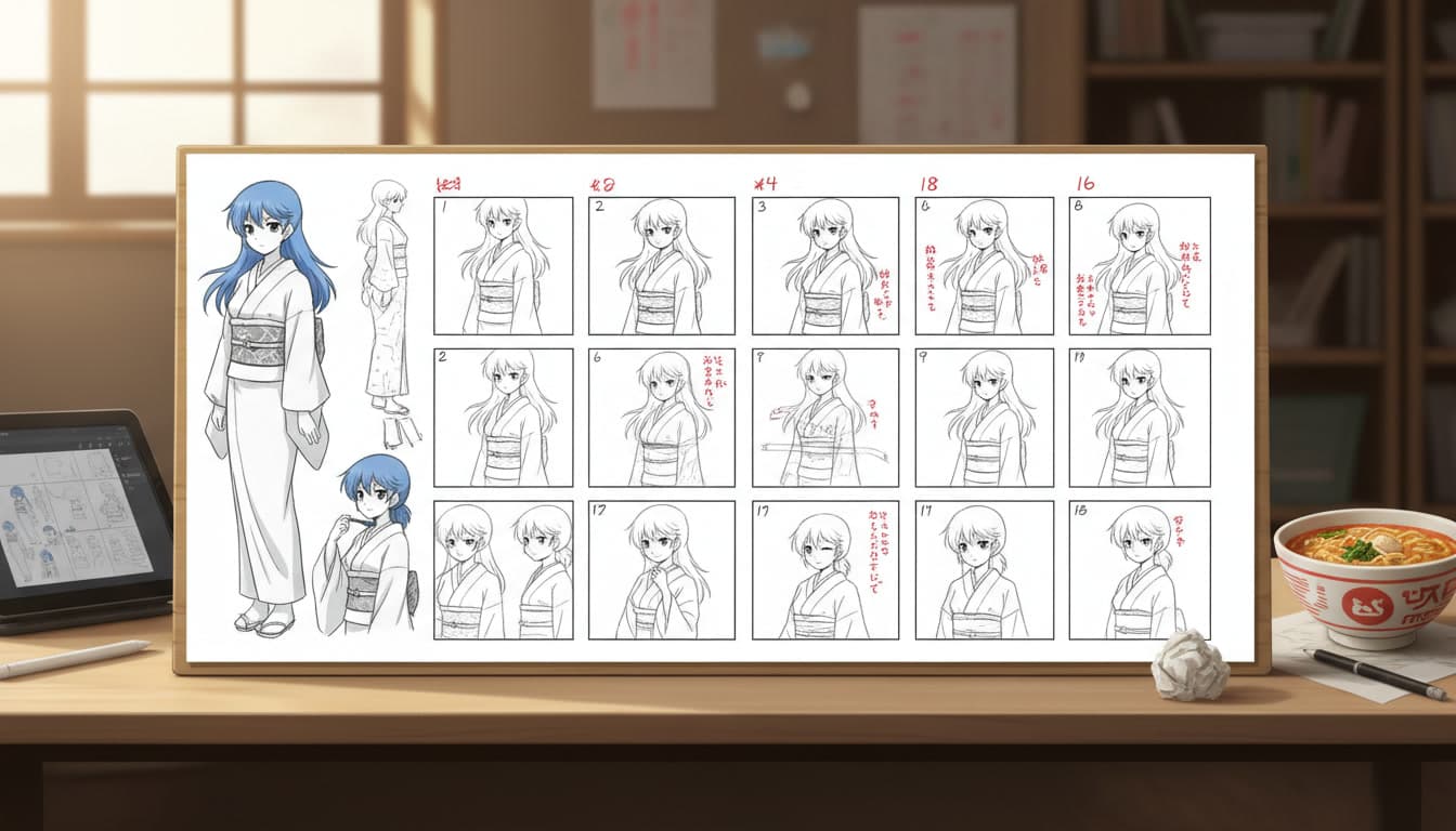 A storyboard sheet showing a vertical webtoon scroll re-cut into numbered horizontal anime shots